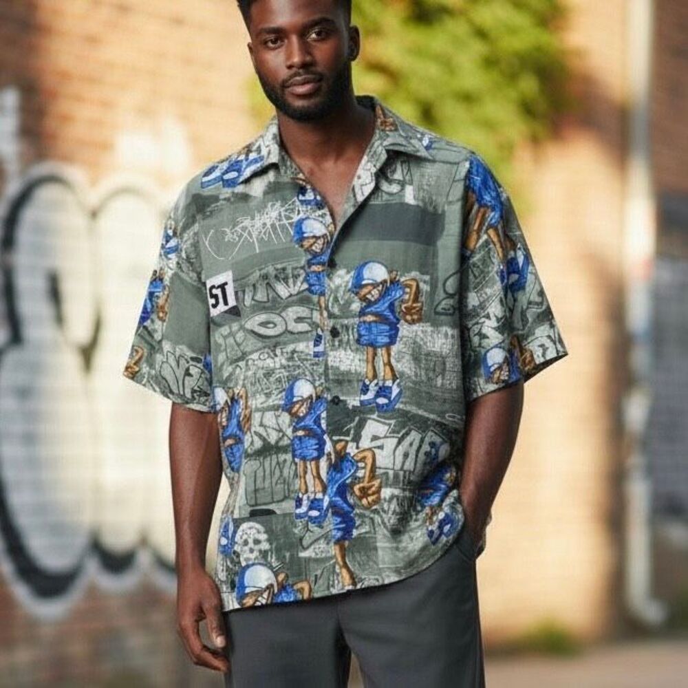 Uprock Graffiti Cartoon Button Shirt Men’s L Streetwear Hip Hop Graphic Top